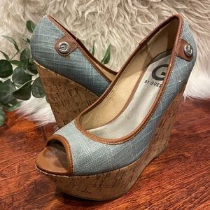 ⭐️SOLD ⭐️ G by Guess Teal Canvas Cork Peep Toe Wedges Size 5.5M